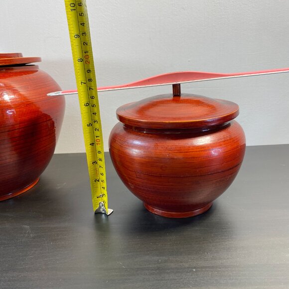 Wooden Jar with Lid, Wood Container, Set of Two, VIETNAM, Vintage, Brown, Money - Picture 8 of 10